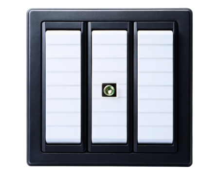 Modern black triple rocker light switch with green indicator on a transparent background