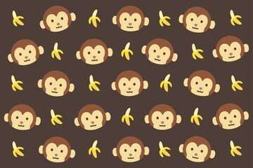 Funny monkey faces and peeled bananas scattered on a rich dark brown background