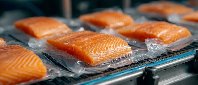 Sealed salmon fillets in vacuum packed plastic bags on a conveyor belt for packaging at a food factory