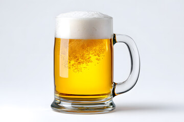 Classic beer mug with golden beer and thick foam on clean white surface. Ideal for drink packaging, Oktoberfest campaigns, or bar visuals.