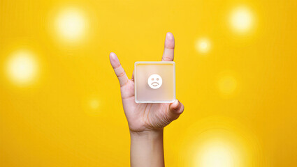 Hand Displaying a Transparent Square with a Sad Face Icon Against a Bright Yellow Background, Symbolizing Negative Feedback and Emotional Expression