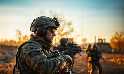 Fototapeta premium Armed soldier in tactical gear stands alert during a military operation at sunset. Other soldiers with rifles move in background. War zone concept with dramatic lighting and focus on readiness.