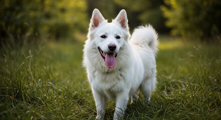 Fototapeta premium 草原駆け回る白い犬 笑顔輝く 幸せいっぱい