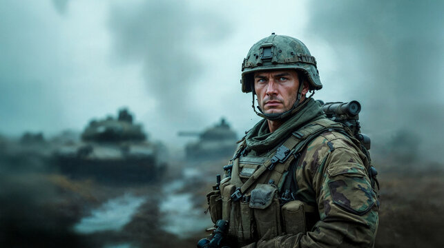 Portrait of a soldier in tactical gear standing on a muddy battlefield with tanks in the background and smoke rising, conveying intensity, focus, and military readiness.