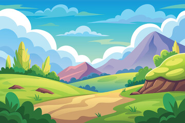 Vibrant cartoon landscape with rolling hills and mountains