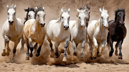 A group of white and black horses running across a sandy terrain with dust clouds in the background