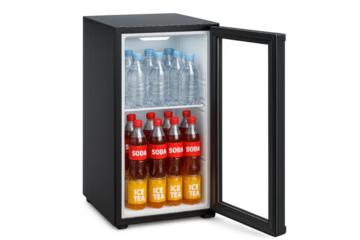 Open mini fridge showcasing refreshing beverages on transparent background