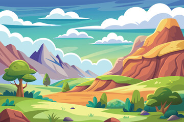 Vibrant cartoon mountain landscape with rolling hills and clouds