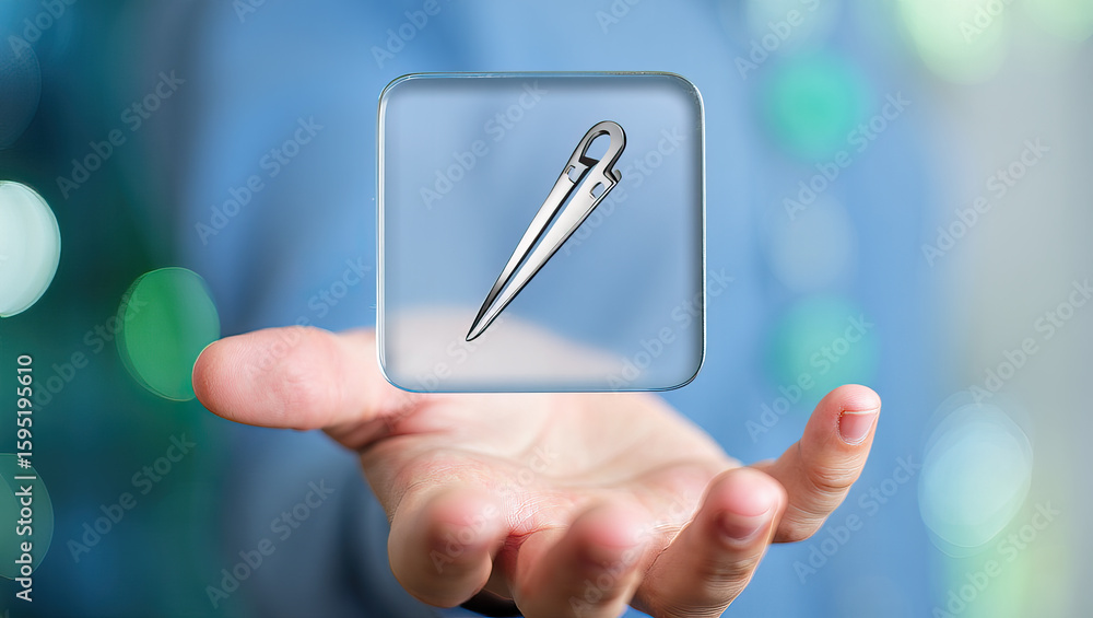 Poster innovative technology concept a hand presenting a transparent square with a needle icon against a bl
