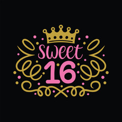 Pink and gold sweet 16 text with crown and swirls on black background sixteen birthday