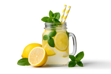 Fototapeta premium Mason jar filled with homemade lemonade, lemon slices, and mint leaves. Perfect for summer drink ads, healthy lifestyle visuals, or citrus product branding.