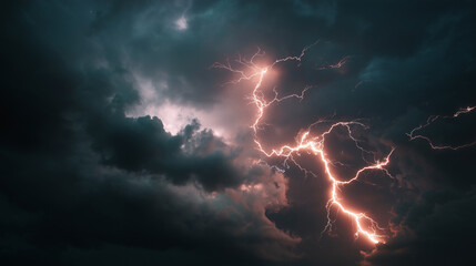 A dramatic lightning bolt strikes through a cloudy sky, capturing the raw power of nature during a stormy weather moment.