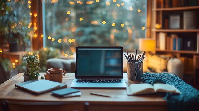 a cozy study desk setup with notebooks, pens, and a laptop