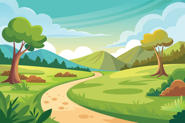 Obraz premium Vibrant countryside path with rolling hills and trees