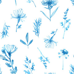 Seamless watercolor floral pattern in blue tones. Hand drawn line illustrations of wild herbs, flowers, and leaves with a watercolor effect. Perfect for textile design