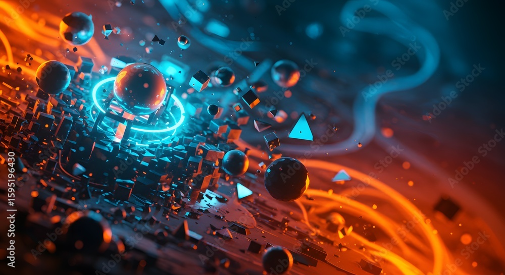 Poster abstract futuristic technology background with glowing neon lights, a mesmerizing blend of orange an