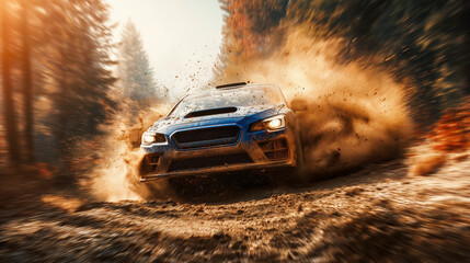 Dynamic rally race car speeding through rough terrain, kicking up dust in a high-energy action shot. Perfect for motorsport, adventure, or automotive-themed content.