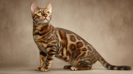 A bengal cat with striking markings and bright green eyes poses elegantly against a neutral backdrop