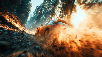 Dynamic rally race car speeding through rough terrain, kicking up dust in a high-energy action shot. Perfect for motorsport, adventure, or automotive-themed content.