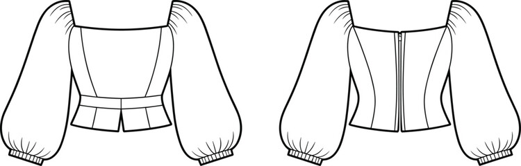 Puff sleeve crop top fashion illustration, front and back view, trendy women’s clothing design, stylish garment sketch, apparel template drawing