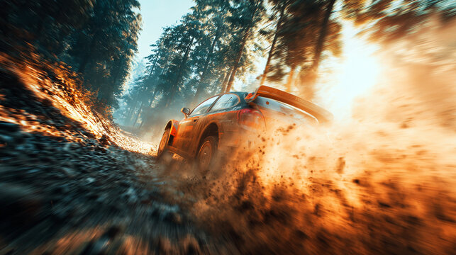 Dynamic rally race car speeding through rough terrain, kicking up dust in a high-energy action shot. Perfect for motorsport, adventure, or automotive-themed content.
