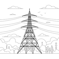 ‎A line art power tower illustration of a coloring page