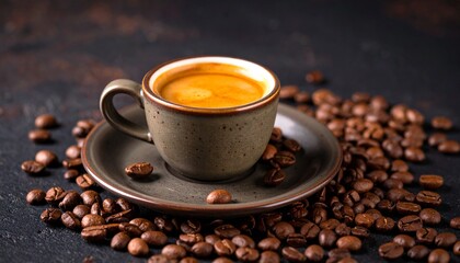 Obraz premium A warm cup of espresso surrounded by roasted coffee beans on a dark textured surface