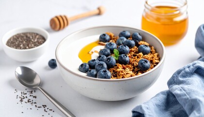 Healthy breakfast bowl with yogurt, granola, blueberries, honey, and chia seeds