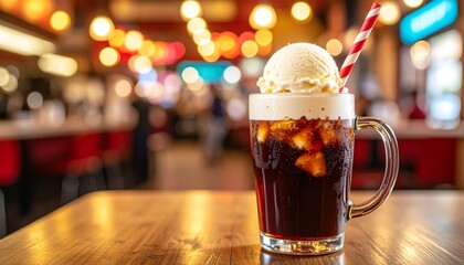 Refreshing root beer float with creamy vanilla ice cream and striped straw in a glass mug on a wooden table.