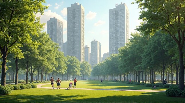 Urban park scene with runners and skyscrapers in the background on a sunny day.