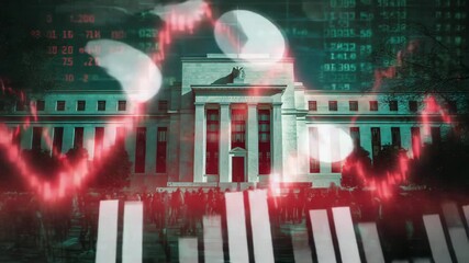 Stock market chart with red falling bars and the US Capitol building in the background, symbolizing economic downturn and financial instability in government sectors