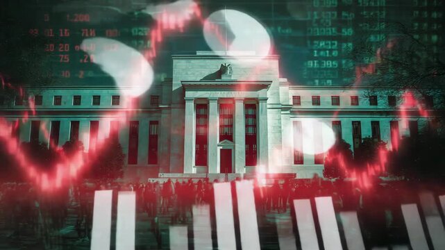 Stock market chart with red falling bars and the US Capitol building in the background, symbolizing economic downturn and financial instability in government sectors