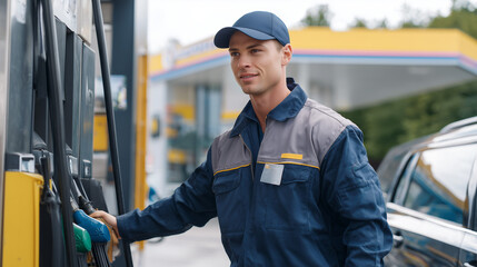 A gas station attendant in uniform working at the pump during the day, focused on service, showing everyday occupation at a fuel station.