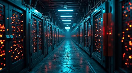 Obraz premium A long corridor in a data center with servers and blue neon lights.