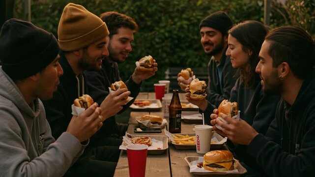 Group of young men and woman enjoying lunch outdoors, eating hamburgers and fries at casual gathering footage