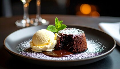 Decadent chocolate lava cake with vanilla ice cream and mint on a dark plate dusted with powdered sugar