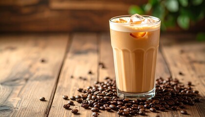 Refreshing iced coffee with cream and ice served on a rustic wooden table surrounded by coffee beans