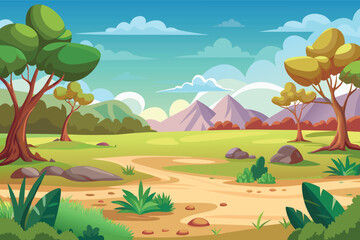 Vibrant cartoon landscape with winding path and rolling hills