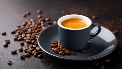 Fototapeta premium Rich espresso in a dark cup with scattered roasted coffee beans on a textured surface