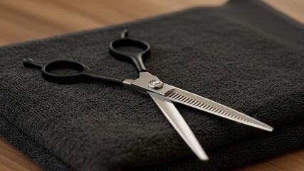 Hair thinning scissors on a dark gray towel, creating an elegant and sharp composition