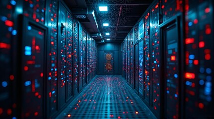Fototapeta premium A long, dark corridor filled with servers and blinking lights.