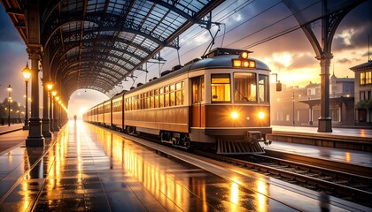Naklejka premium Arriving Train at Dusk with Wet Platform Reflections