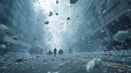 Heavy hailstorm hits the city, covering streets with ice pellets. Urban chaos under extreme weather. A rare natural phenomenon captured during daytime in a metropolitan area.