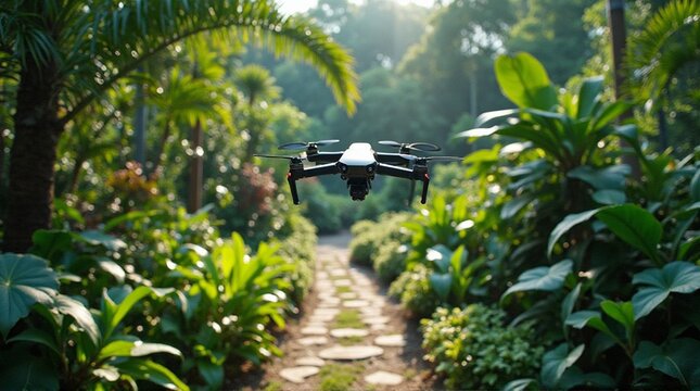 Drone flying over a lush green path in a tropical garden.