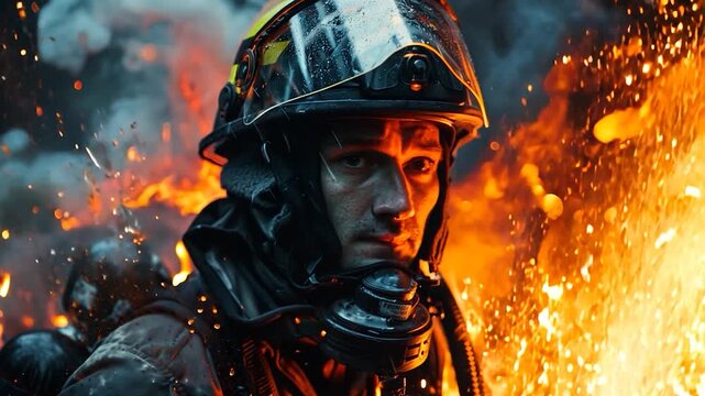 A firefighter faces intense training amidst flames and smoke in a forest setting