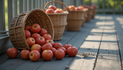 Fresh red apples in a wicker basket on a wooden surface with a natural background
