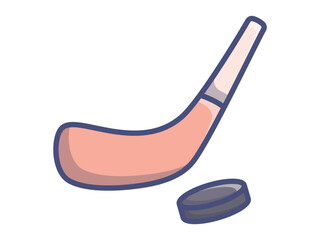 Vector flat illustration of hockey stick blade with flying puck. Isolated sports icon for winter games, ice hockey equipment, team sport design, or athlete content.