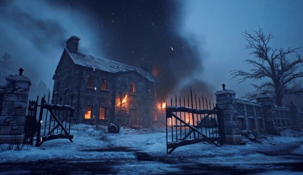 War-Torn House on Fire Cinematic Battlefield Scene in Snow