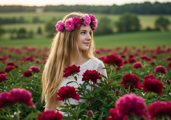 Fototapeta premium 輝く牡丹畑 笑顔の少女 優しく揺れるロングヘア