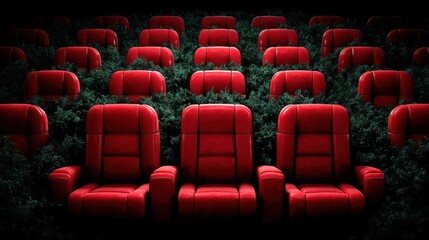 Obraz premium Red theater seats arranged in a dark auditorium creating a dramatic viewing environment